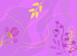 Vector background with plants in purple tones. Abstract background with gilded elements. Vector illustration for design of banners, posters, social networking posts, presentations and other. 