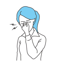 疲れ目で目頭を押さえる女性のイラスト素材 ベクター 白シャツ 眼精疲労