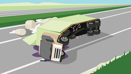 Accident of container truck crashes on the road and chemicals have leaked from the jumbo bags out of container. Obstructing traffic On a wide road in rural areas. blocking all the traffic in the area.