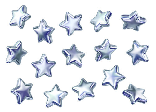 Set of  flying silver stars isolated on white background