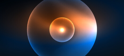 Abstract background with neon glowing light effects. Round shapes, triangles and circles. Wallpaper for concept of AI technology, blockchain, communication, 5G, science, business and technology