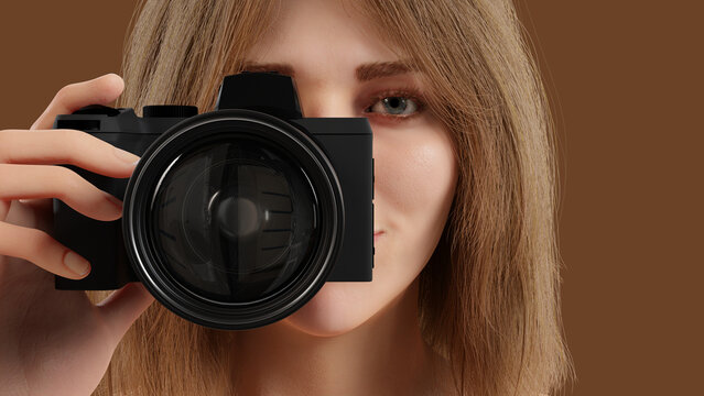 young woman taking a picture with a camera professional photographer photo shoot 3D illustration