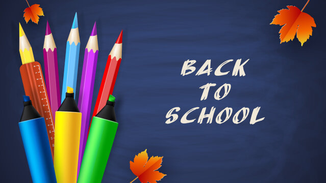 Back to school. Words with realistic school items, with colored pencils, markers and autumn leaves. Vector