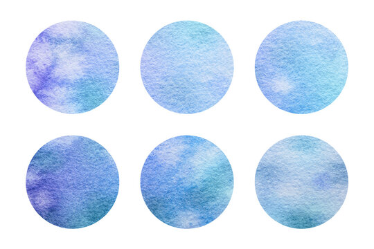 Round watercolor stickers set isolated on white background. Blue violet abstraction with spots and strokes