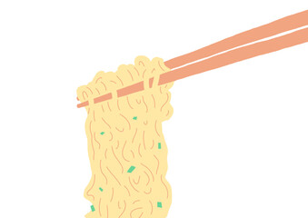 Noodles on the chopsticks. Flat hand-drawn illustration of noodles
