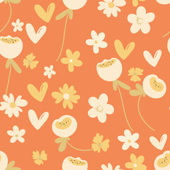 Seamless floral pattern based on traditional folk art ornaments. Colorful flowers on color background. Scandinavian style. Sweden nordic style. Vector illustration. Simple minimalistic pattern