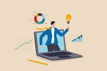 Business consultant, advisor or expertise, online presentation or conference call, strategy and analysis concept, smart businessman from computer laptop monitor giving some advice with analysis graph.