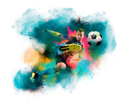 Soccer player in action. White background