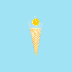 Ice cream cone with slice of fresh orange reflected in a glass sphere on bright blue background. Summer vibes, tropical fruit composition.