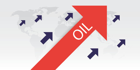 Crude Oil Prices Increasing Fast, World Economy Failing, Money Inflation Growing, Profits Decreasing - Red Up Arrow With Oil Label on World Map