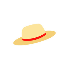 Straw hat with red ribbon isolated on white background, vector illustration.
