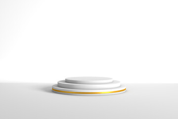 3d rendering white podium round geometry with gold strip