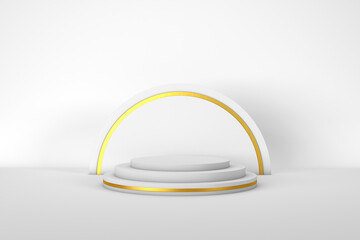 3d rendering white podium round geometry with gold strip