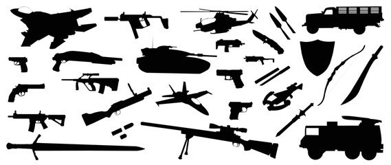 Set of black silhouette weapon vector. Collection of pistols, guns, shotgun, katana, knife, helicopter, military tank, aircraft, submachines, revolvers. Vector weapon and military aircraft set.