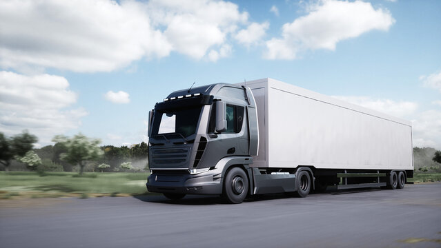 Generic 3d model of truck very fast driving on highway. Logistic, transport concept. 3d rendering.