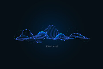 Sound wave illustration on a dark background. Abstract blue digital equalizer indicators. Voice graph meter or audio electronic tracks.Vector horizontal sonic vibration spectrum.