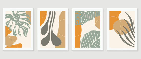 Set of abstract foliage wall art vector. Leaves, organic shapes, earth tone, leaf branch, monstera in hand drawn. Botanical wall decoration collection design for interior, poster, cover, banner.