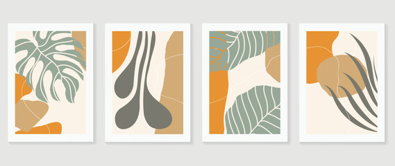 Set of abstract foliage wall art vector. Leaves, organic shapes, earth tone, leaf branch, monstera in hand drawn. Botanical wall decoration collection design for interior, poster, cover, banner. © TWINS DESIGN STUDIO