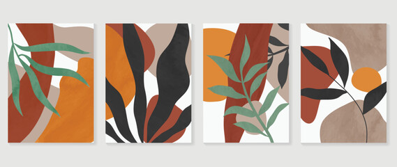 Fototapeta na wymiar Set of abstract foliage wall art vector. Leaves, organic shapes, earth tone colors, leaf branch in hand drawn. Watercolor wall decoration collection design for interior, poster, cover, banner.