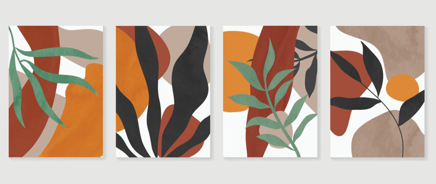 Set of abstract foliage wall art vector. Leaves, organic shapes, earth tone colors, leaf branch in hand drawn. Watercolor wall decoration collection design for interior, poster, cover, banner.