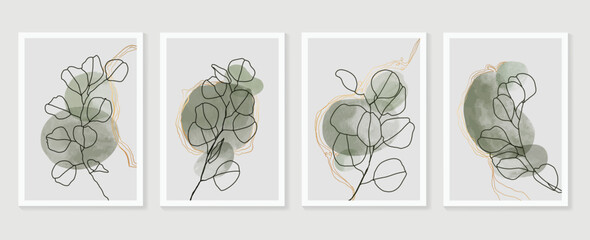 Set of abstract foliage wall art vector. Leaves, organic shapes, green tone, leaf branch, eucalyptus in line art style. Luxury wall decoration collection design for interior, poster, cover, banner. © TWINS DESIGN STUDIO