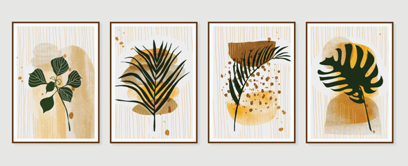 Set of abstract foliage wall art vector. Leaves, organic shapes, earth tone, leaf branch, monstera in line art style. Watercolor wall decoration collection design for interior, poster, cover, banner.