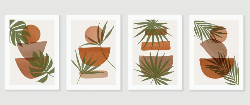 Set of abstract foliage wall art vector. Leaves, organic shapes, earth tone, palm leaf, monstera in hand drawn. Watercolor wall decoration collection design for interior, poster, cover, banner.