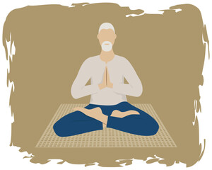 Senior man practicing lotus asana. Yoga studio banner. Copy space Horizontal vector illustration Isolated on white background