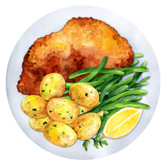 German pork schnitzel with potatoes and green beans