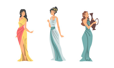 Ancient Greek women in traditional clothes set cartoon vector illustration