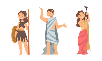 Greek gods set. Ancient Greek noble people and warrior in traditional clothes set cartoon vector illustration