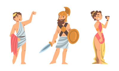 Set of ancient Greek noble people in traditional clothes cartoon vector illustration