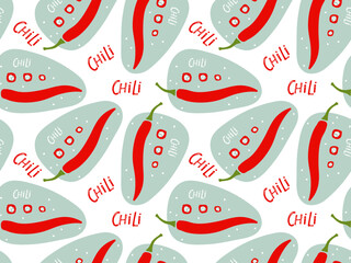Chili pepper seamless pattern. Hand drawn doodle. Ripe red hot chili peppers vegetable Ingredient for cooking Vegetable natural product. Repeated background for wallpaper, wrapping, packing, textile