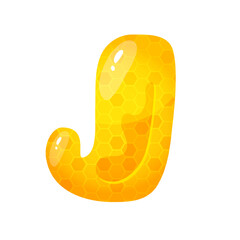 Honey sweet font. Liquid honey cartoon alphabet, Yellow honeycomb vector font. Single letter.