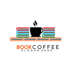 Coffee cup vector logo template with stack of books
