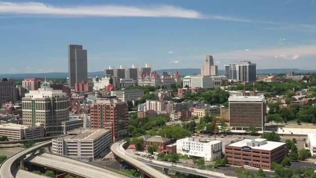 Albany, New York skyline drone video moving up.