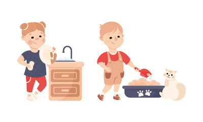 Obraz na płótnie Canvas Cute kids doing housework chores set. Little girl washing dishes and cleaning up pet toilet cartoon vector illustration