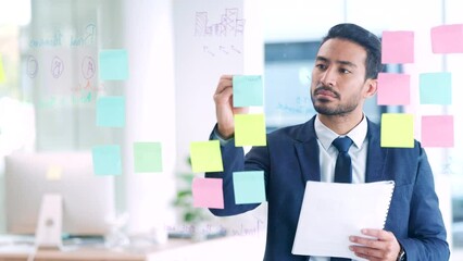 Business man thinking of ideas, planning a strategy and writing notes on a glass wall in an office. Focused expert and dedicated manager staying organized while analyzing information and solutions