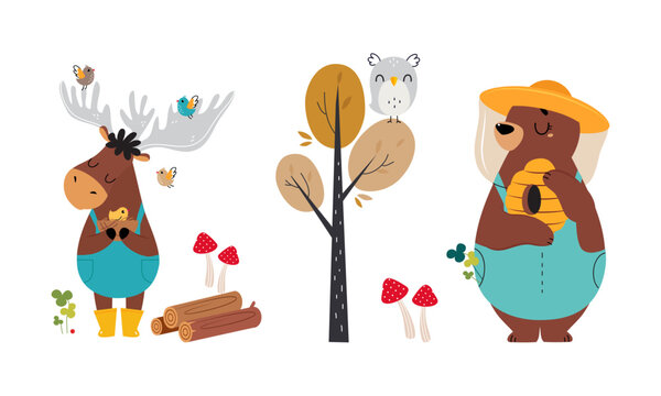 Cute forest animals set. Cute elk walking in forest, bear holding honeycomb cartoon vector illustration
