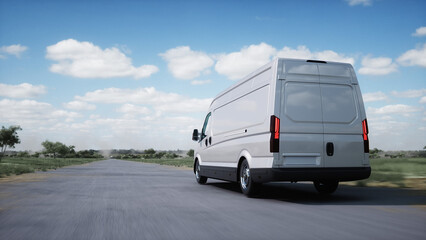 Fototapeta na wymiar Generic 3d model of delivery van very fast driving on highway. Gas, oil concept. 3d rendering.