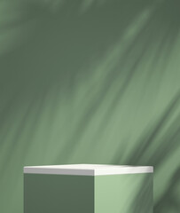 Product podium mockup display with green and white background with tree shadow,summer background,3D render illustration