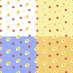 Set of geometric seamless patterns with boiled egg, tomato and dill. Healthy breakfast. Ornament for decoration and printing on fabric. Design element. Vector