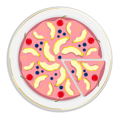Biscuit cake on plate, fragrant pie with with pear slices, cherries and blueberries. Exotic dessert top view. Cartoon vector isolated on white background