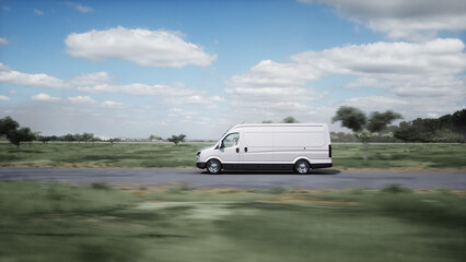 Generic 3d model of delivery van very fast driving on highway. Gas, oil concept. 3d rendering.