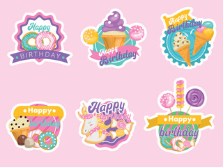happy birthday Sweets stickers set. Candy, cookies, cupcakes, donuts, ice-cream, lollipop. Hand drawn happy birthday delicious collection.