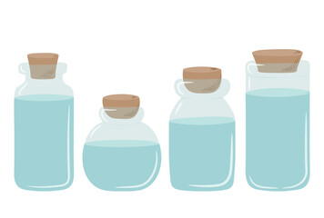 A set of blue glass jars with liquid inside. The jar is closed with a cork hand drawn in doodle style. Isolated vector illustration.