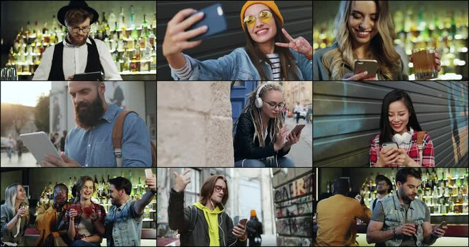Multi-ethnic youth with multiple gadgets. Friends taking selfie photos on mobile phone in bar. Man dancing and listening to music in headphones on street. Asian woman texting on smartphone. Collage