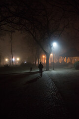 Silhouette of lonely man walking on the street on misty winter night