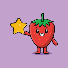 Cute cartoon strawberry character holding big golden star in cute modern style design