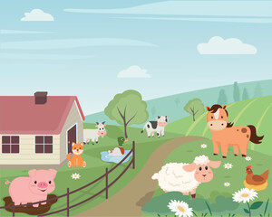 Village landscape with farm animals. Flat vector illustration